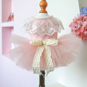 Detailed view of pink lace pet dress featuring a large bow and layered mesh tutu