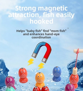 Macro detail of wooden magnetic fish and rod showing strong magnetic adsorption