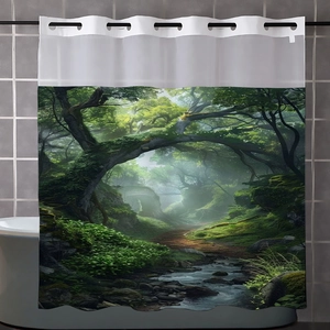 Detail of forest landscape waffle shower curtain featuring waterproof fabric and reinforced holes