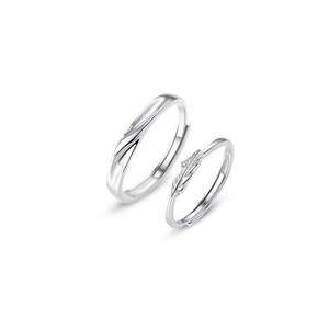 Cupid's Feather open couple rings set with minimalist band and crystal accents