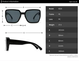 Detailed size chart for oversized square sunglasses model 9225 with 141mm total width