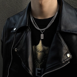 Double-layer men's Cuban chain necklace with silver rectangular pendant in vintage style