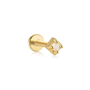 Macro shot of gold S925 silver flat back labret stud with square opal in 4-prong setting