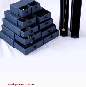 Navy blue drawer jewelry gift box set with satin pulls and soft black velvet lining