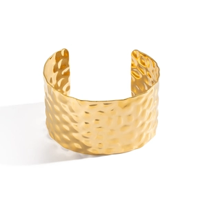 Hammered texture wide cuff bracelet with 18K gold plating and adjustable open design
