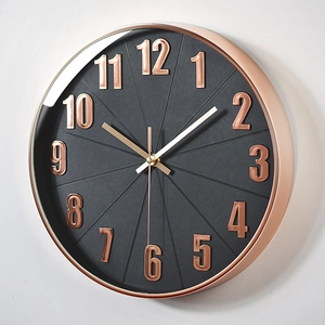 12-inch silent plastic wall clock with 3D rose gold numbers and matte black dial