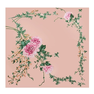 Detailed pattern of square silk scarf with pink roses and green vine prints