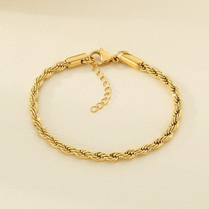 Close-up of 18K gold-plated stainless steel rope chain bracelet with lobster clasp