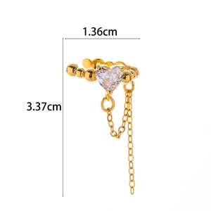 Detail showing dimensions of the gold butterfly ear cuff with heart zircon and hanging chain