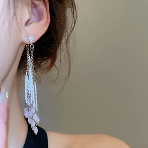 Détail de boucles d'oreilles cristal en goutte d'eau avec de longs glands et perles