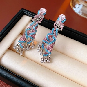 Vintage style drop earrings with pink water-drop stones and colorful beaded tassels