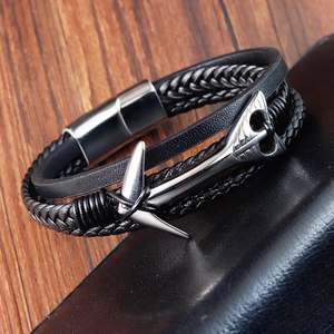 Bracelet multicouche en cuir tressé pour homme avec ancre en acier inoxydable et fermoir aimanté