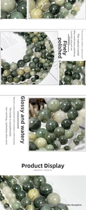 Macro detail of natural green rutilated quartz beads with polished texture and mineral fibers