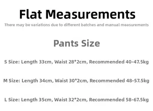Size chart for seamless yoga shorts showing measurements for S, M, and L sizes clearly