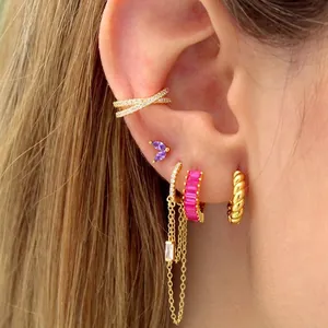 Luxurious gold-plated hoop earrings set with zircon stones and purple marquise gems