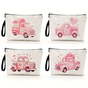 Canvas Makeup Bag Portable Zipper Cosmetic Pouch With Wrist Strap Pink Truck Heart Print Toiletry Organizer For Women