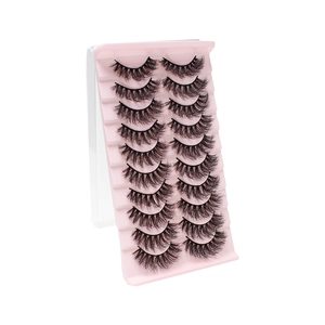 Set of 10 pairs of dense curly false eyelashes in a pink display case for a natural look