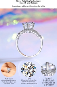 Detail view of crown Moissanite engagement ring featuring four-prong setting on female hand