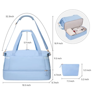 Waterproof fitness bag dimensions 18.5x14.2 inches with matching storage pouch detail