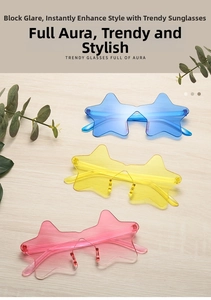 Three pairs of rimless star-shaped sunglasses in blue yellow and pink on a wooden surface