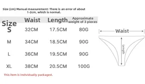 Size chart detail for fitness thong showing waist and length measurements in centimeters