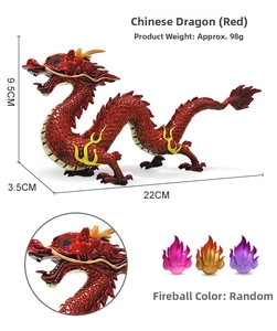 Detailed view of red Chinese dragon model with dimensions 22x3.5x9.5cm and flame details