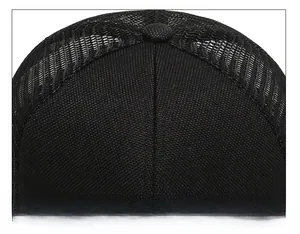Detailed close-up of the black mesh cap top showing precise cross stitching and button