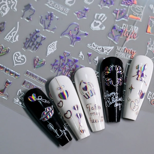 Macro view of holographic heart and lip nail art stickers with 3D line designs on black nails