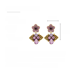 Detail view of retro flower earrings with purple rhinestones and product dimensions