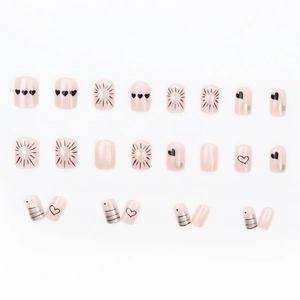 Pink heart patterned press-on nails with 24 pieces of minimalist shimmering designs