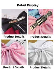 Close-up of the metal spring clip and satin ribbon texture of the large bow hairpins