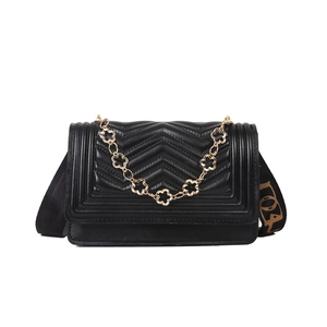 Classic black chevron quilted shoulder bag with gold floral chain and printed strap