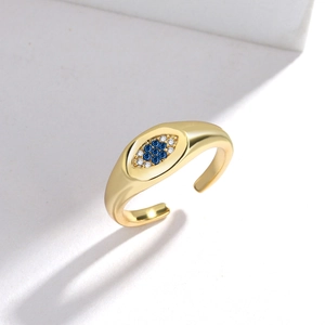 Adjustable evil eye ring with blue and clear zircon stones in a gold-plated finish
