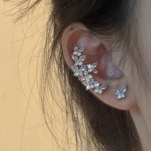 Elegant silver butterfly ear cuff and stud set featuring sparkling zircon stones for women