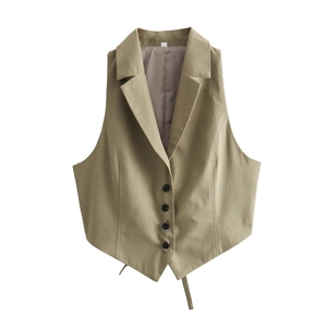 Detail of khaki sleeveless blazer vest featuring a notched lapel and four-button closure
