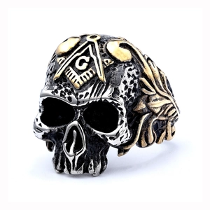 Mens Masonic skull ring in gold and silver vintage stainless steel with G symbol