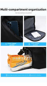 Detail of travel bag showing multi-pocket storage and dedicated shoe compartment
