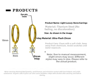 Detailed size chart showing 18mm gold titanium earrings with 4mm zircon pendants