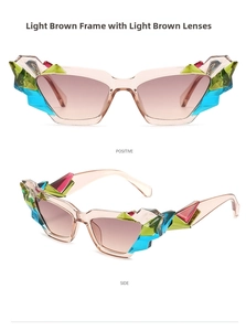 Detail of light tea cat-eye sunglasses with colorful geometric crystal decorations