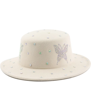 Chapeau Boater À Bord Plat Avec Papillon En Strass Feutre Polyester Coton Bord Large Élégant Mode Pour Femmes Sortie