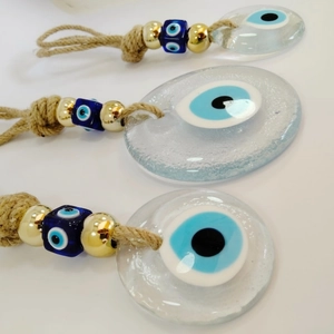 Three Turkish evil eye wall hanging charms with gold beads and braided hemp rope decor