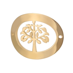 Polished gold stainless steel hollow tree of life pendant with oval metal finish