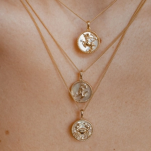 Three-layered 18k gold plated stainless steel necklaces with zodiac coin pendants