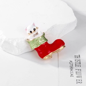 Christmas cat in red stocking brooch with sparkling green trim and rhinestone detail