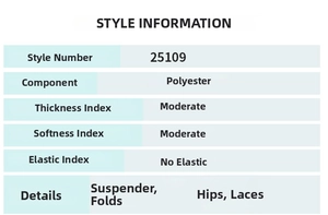 Tableau des tailles et matières pour robe française en polyester à bretelles et détails