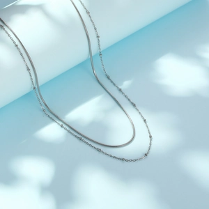 Minimalist double layer silver stainless steel snake chain and bead choker necklace