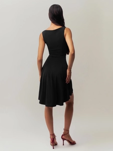 Back view of slim fit black sleeveless dress highlighting waistline and A-line silhouette