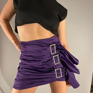 Satin Raffrock Mini Rock Hohe Taille Bodycon Sexy Streetwear Mit Seitlichen Strass Schnallen Elegant