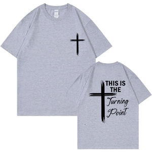 Grey unisex graphic t-shirt featuring black cross print and Turning Point slogan