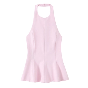 Pink halter neck sleeveless top with peplum hem and slim fit design on white background
